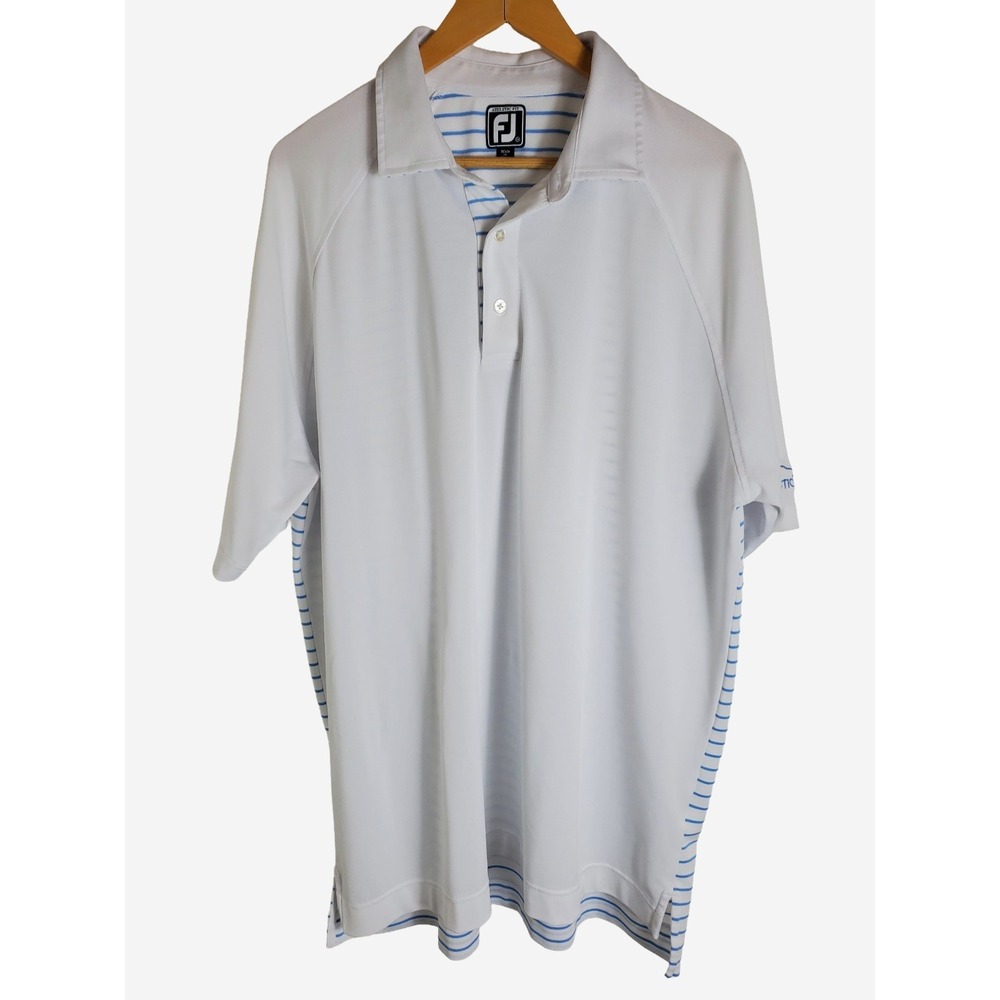 FootJoy Golf Polo Shirt Men's 2XL White Blue Striped Athletic Fit Performance